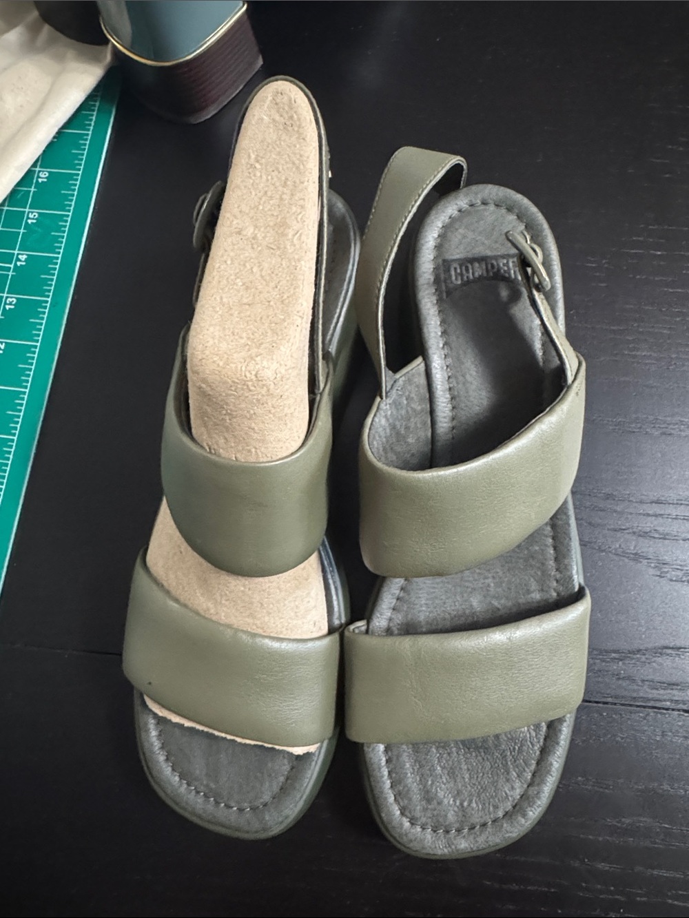 Camper Olive Leather Double-Strap Slingback Sandals
